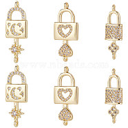 6Pcs 3 Styles Brass Micro Pave Clear Cubic Zirconia Connector Charms, Long-Lasting Plated, Lock with Key & Moon & Star, Real 18K Gold Plated, 24~28x8~12x2.5~4mm, Hole: 1.2~1.4mm, 2pcs/style(KK-BBC0002-94)