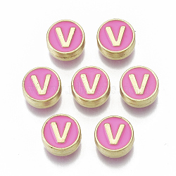 Alloy Enamel Beads, Cadmium Free & Nickel Free & Lead Free, Flat Round with Initial Letters, Light Gold, Letter.V, 8x4mm, Hole: 1.5mm(X-ENAM-S122-028V-NR)