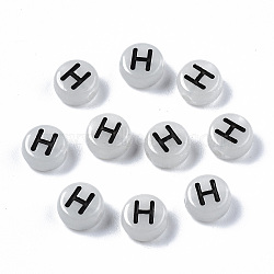 Acrylic Beads, with Enamel and Luminous, Horizontal Hole, Flat Round with Black Letter, Glow in the Dark, Light Grey, Letter.H, 7x3.5mm, Hole: 1.5mm, about 3600~3700pcs/500g(SACR-S273-29H)