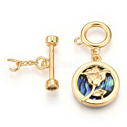 Paua Shell Toggle Clasps, with Brass Findings, Flat Round with Rose, Real 18K Gold Plated, 41.5mm, T Clasps: 5.5x18x4mm, O Clasps: 12x12x1mm(KK-P223-12G-01)