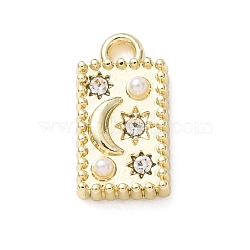 Alloy Rhinestone Charms, with Plastic Pearl, Rectangle with Moon and Star Charms, Golden, 14.5x8x3mm, Hole: 1.6mm(RB-CBA7F7E-07G)