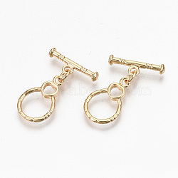 Brass Toggle Clasps, with Jump Rings, Nickel Free, Ring with Heart, Real 18K Gold Plated, 27mm, Bar: 6x18x3mm, Hole: 2mm, Ring: 19x12x1mm, Hole: 2mm, Jump Ring: 5x1mm, 3mm inner diameter(X-KK-N231-218-NF)