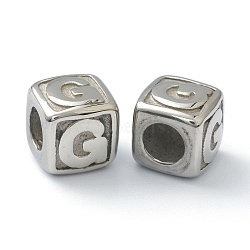 Tarnish Resistant 304 Stainless Steel European Beads, Large Hole Beads, Horizontal Hole, Cube with Letter, Stainless Steel Color, Letter.G, 8x8x8mm, Hole: 4mm(STAS-H145-01G-P)