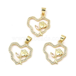 Rack Plating Real 18K Gold Plated Brass Pendants, with Cubic Zirconia and Shell, Long-Lasting Plated, Lead Free & Cadmium Free, Heart with Flower, Seashell Color, 21x18x3mm, Hole: 5x3.5mm(KK-B077-22G)