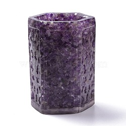 Resin with Natural Amethyst Chip Stones Pen Holder, Home OFFice Tabletop Decoration, Hexagon, 109.5x84x80mm; Inner Diameter: 63x56.5mm(DJEW-F015-02B)