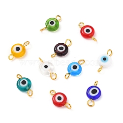 Handmade Lampwork Links Connectors, with Golden Plated Brass Eye Pin, Flat Round with Evil Eye, Mixed Color, 15x8x3.5mm, Hole: 1.6~2.2mm(PALLOY-JF00537)