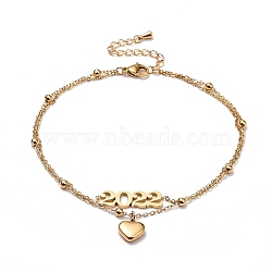 2022 Heart Charm Anklet for Women, Ion Plating(IP) 304 Stainelss Steel Multi-strand Anklet for the New Year Gift, Golden, 8.66 inch(22cm)(STAS-D454-02G)