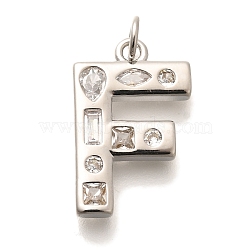 Brass Micro Pave Clear Cubic Zirconia Pendants, with Jump Ring, Lead Free and Cadmium Free, Long-Lasting Plated, Rack Plating, Letter Charms, Platinum, Letter F, 20.5x13x2.7mm, jump ring: 5x1mm, 3mm inner diameter.(KK-G521-01P-F)