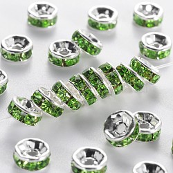 Brass Grade A Rhinestone Spacer Beads, Silver Color Plated, Nickel Free, Peridot, 6x3mm, Hole: 1mm(RSB036NF-10)