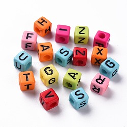 Opaque Mixed Color Acrylic Beads, Horizontal Hole, Cube with Black Random Letter, Mixed Color, 8x8x8mm, Hole: 4mm, about 1130pcs/500g(X-MACR-N008-47)