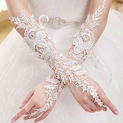 Flower Parttern Lace Gloves, with Glass Findings, for Wedding Bride Supplies, White, 200mm(HUDU-PW0001-077)