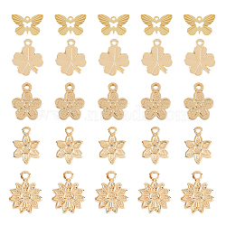 50Pcs 5 Style Rack Plating Brass Charms, Long-Lasting Plated, Cadmium Free & Lead Free, Flower & Clover & Butterfly, Mixed Color, 9~11x6.5~13.4x0.4~1mm, Hole: 0.8~1.2mm, 10pcs/style(KK-FH0004-69)