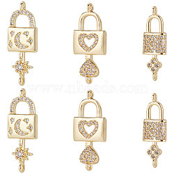 6Pcs 3 Styles Brass Micro Pave Clear Cubic Zirconia Connector Charms, Long-Lasting Plated, Lock with Key & Moon & Star, Real 18K Gold Plated, 24~28x8~12x2.5~4mm, Hole: 1.2~1.4mm, 2pcs/style(KK-BBC0002-94)