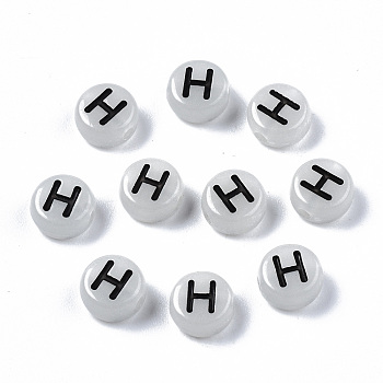 Acrylic Beads, with Enamel and Luminous, Horizontal Hole, Flat Round with Black Letter, Glow in the Dark, Light Grey, Letter.H, 7x3.5mm, Hole: 1.5mm, about 3600~3700pcs/500g