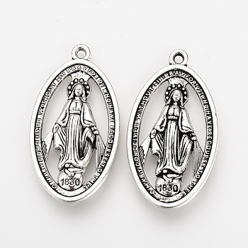 Tibetan Style Alloy Pendants, Miraculous Medal, 1830 The Blessed Virgin Mary, Cadmium Free & Lead Free, Oval, Antique Silver, 36x20x3mm, Hole: 2mm