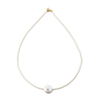 TOHO Japanese Seed Beaded Necklaces, with Natural Cultured Freshwater Pearl Beads and Brass Spring Ring Clasps, White, 16.14 inch(41cm) 