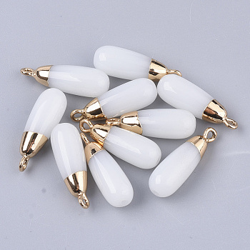 Glass Pendants, with Top Golden Plated Iron Loops, Half Drilled Hole, Teardrop, White, 24x7.5mm, Hole: 1.4mm