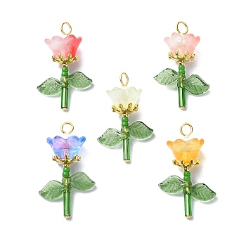 Flower Transparent Glass & Golden Pendants, with Golden Tone 304 Stainless Steel Loops, Mixed Color, 28.5x17x10mm, Hole: 2.5mm
