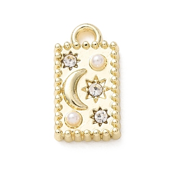 Alloy Rhinestone Charms, with Plastic Pearl, Rectangle with Moon and Star Charms, Golden, 14.5x8x3mm, Hole: 1.6mm