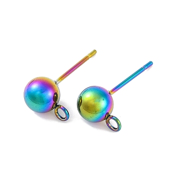 Rainbow Color 304 Stainless Steel Ball Stud Earring Post, Stud Earring Findings, with Horizontal Loops, Rainbow Color, 17x6mm, Hole: 3mm