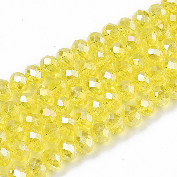 Electroplate Glass Beads Strands, AB Color Plated, Faceted, Rondelle, Champagne Yellow, 6x5mm, Hole: 1mm, about 84~85pcs/strand, 16.34~16.54 inch(41.5~42cm)