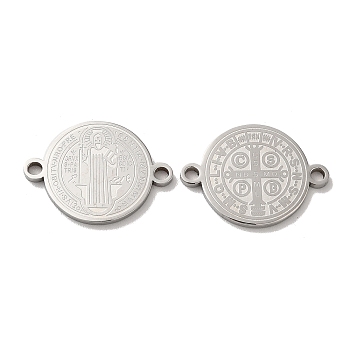 Religion 304 Stainless Steel Connector Charms, Flat Round with Saint Benedict Cross, Stainless Steel Color, 21.5x16x1mm, Hole: 1.8mm