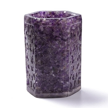 Resin with Natural Amethyst Chip Stones Pen Holder, Home OFFice Tabletop Decoration, Hexagon, 109.5x84x80mm; Inner Diameter: 63x56.5mm