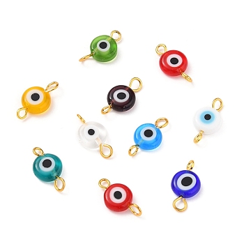 Handmade Lampwork Links Connectors, with Golden Plated Brass Eye Pin, Flat Round with Evil Eye, Mixed Color, 15x8x3.5mm, Hole: 1.6~2.2mm