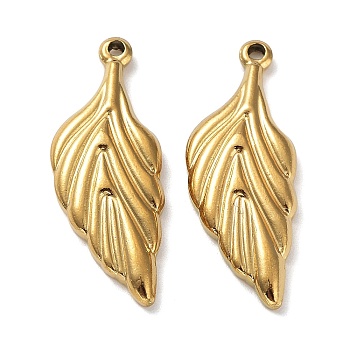 Ion Plating(IP) 304 Stainless Steel Pendants, Leaf Charm, Real 18K Gold Plated, 27x11x3mm, Hole: 1.4mm