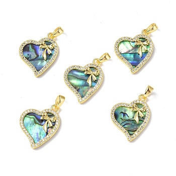 Abalone Shell/Paua Shell Pendants, with Brass & Glass Findings, Asymmetrical Heart with Bowknot Charm, Real 18K Gold Plated, 20.5x16x2.5mm, Hole: 4.5x2mm