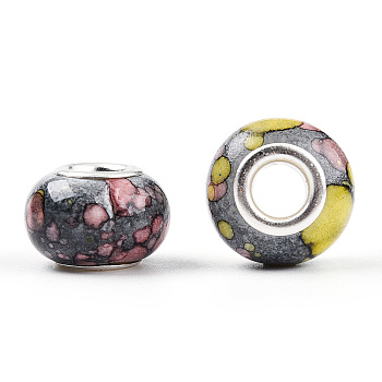 Opaque Resin European Beads, Imitation Crystal, Two-Tone Large Hole Beads, with Silver Tone Brass Double Cores, Rondelle, Dark Gray, 14x9.5mm, Hole: 5mm