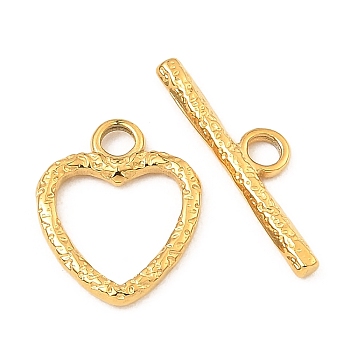 304 Stainless Steel Toggle Clasps, Textured Heart, Real 18K Gold Plated, Ring: 16.5x13.5x2mm, Hole: 2.5mm, Bar: 6x22.5x2mm, Hole: 2.7mm
