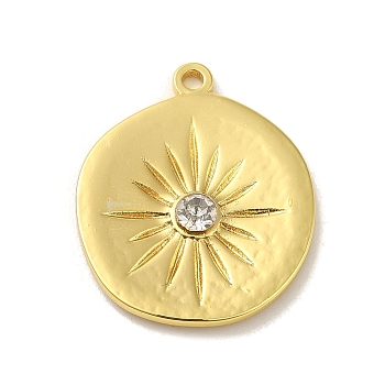 304 Stainless Steel Pendants, with Rhinestone, Flat Round with Sun Charm, Real 18K Gold Plated, 28.5x23.5x4mm, Hole: 2mm