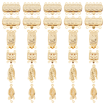 30 Sets 6 Styles 304 Stainless Steel Box Clasps, Multi-Strand Clasps, Mixed Shapes, Golden, 15~21.5x7~15x3~5mm, Hole: 1~1.6mm, 5 sets/style
