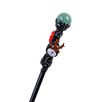 Christmas Theme Natural Aventurine Ball Magic Wand, Wood Cosplay Magic Wand, for Witches and Wizards, Resin Fittings Random, 270x20mm