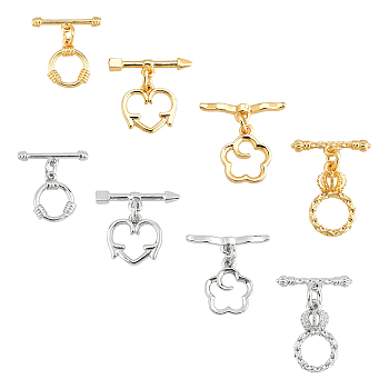 Elite 8Set 4 Style Brass Toggle Clasps, Long-Lasting Plated, Flower, Cadmium Free & Lead Free, Mixed Color, Ring: 12~16x10~13x2~3mm, Hole: 1.4mm, Bar: 17~20x4.5~5x2.5~3mm, 8set
