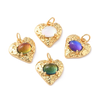 Eco-Friendly Brass Pendants, with Glass & Glitter Powder, with Jump Ring, Real 18K Gold Plated, Long-Lasting Plated, Heart, Mixed Color, 15x14x7mm, Jump Ring: 5x0.7mm, Inner Diameter: 3.6mm