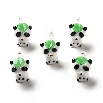 Handmade Lampwork Pendants, Panda Charms with Leaf, Lime Green, 24~25x15~16x18~21mm, Hole: 2~2.5mm
