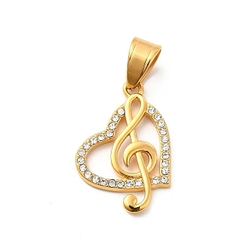 304 Stainless Steel Crystal Rhinestone Pendants, Heart & Music Note Charm, Music Lover Charm, Golden, 26x18x3mm, Hole: 7x5mm