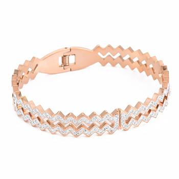 Crystal Rhinestone Wave Bangle, Stainless Steel Hinged Bangle with Polymer Clay for Women, Rose Gold, Inner Diameter: 1-7/8x2-3/8 inch(4.8x5.9cm)