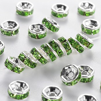 Brass Grade A Rhinestone Spacer Beads, Silver Color Plated, Nickel Free, Peridot, 6x3mm, Hole: 1mm