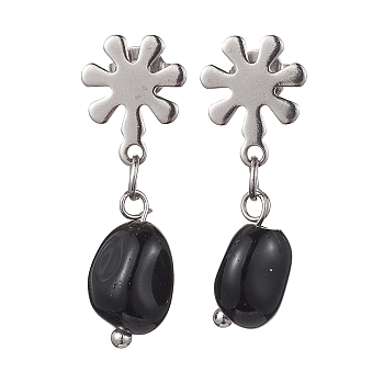 Natural Obsidian Twist Oval Dangle Stud Earrings, 304 Stainless Steel Flower Earrings, 25~26x7mm