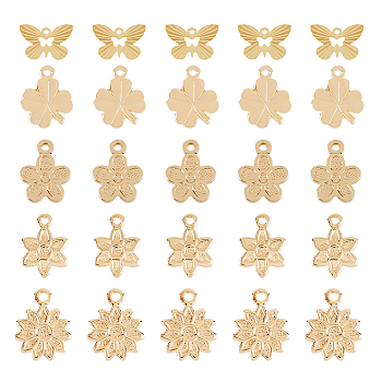 50Pcs 5 Style Rack Plating Brass Charms, Long-Lasting Plated, Cadmium Free & Lead Free, Flower & Clover & Butterfly, Mixed Color, 9~11x6.5~13.4x0.4~1mm, Hole: 0.8~1.2mm, 10pcs/style