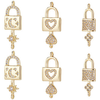 6Pcs 3 Styles Brass Micro Pave Clear Cubic Zirconia Connector Charms, Long-Lasting Plated, Lock with Key & Moon & Star, Real 18K Gold Plated, 24~28x8~12x2.5~4mm, Hole: 1.2~1.4mm, 2pcs/style