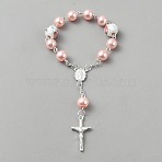 Plastic Imitation Pearl and Porcelain Round Link Metal Virgin Cross Charm Rosary Bracelets, Platinum, Pink, Inner Diameter: 1.97 inch(5cm)(BJEW-WH0041-51A)