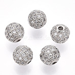 Rack Plating Brass Cubic Zirconia Beads, Long-Lasting Plated, Cadmium Free & Lead Free, Round, Platinum, 8x7mm, Hole: 2mm(ZIRC-S001-8mm-A02)