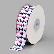 Single Face Printed Polyester Grosgrain Ribbons, Anchor Pattern, White, 1 inch(25mm), about 20yards/roll(18.288m/roll)(SRIB-Q019-B003)