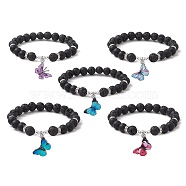 Natural Lava Rock & Black Agate Round Beaded Stretch Bracelet, with Butterfly Alloy Enamel Charms, Mixed Color, Inner Diameter: 2-3/8 inch(5.9cm)(BJEW-JB10010)