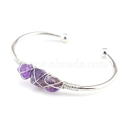 Natural Amethyst Chips Beaded Cuff Bangles, Metal Wire Wrap Bangle, Inner Diameter: 2-1/2 inch(6.5cm)(PW-WG90661-03)