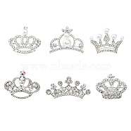 6Pcs 6 Style Crystal Rhinestone Crown Brooch Pins with Plastic Pearl Beaded, Alloy Lapel Pins for Women, Platinum, 25~33x35~50x4.3~11.5mm, Pin: 0.8mm, 1Pc/style(JEWB-CA0001-29)